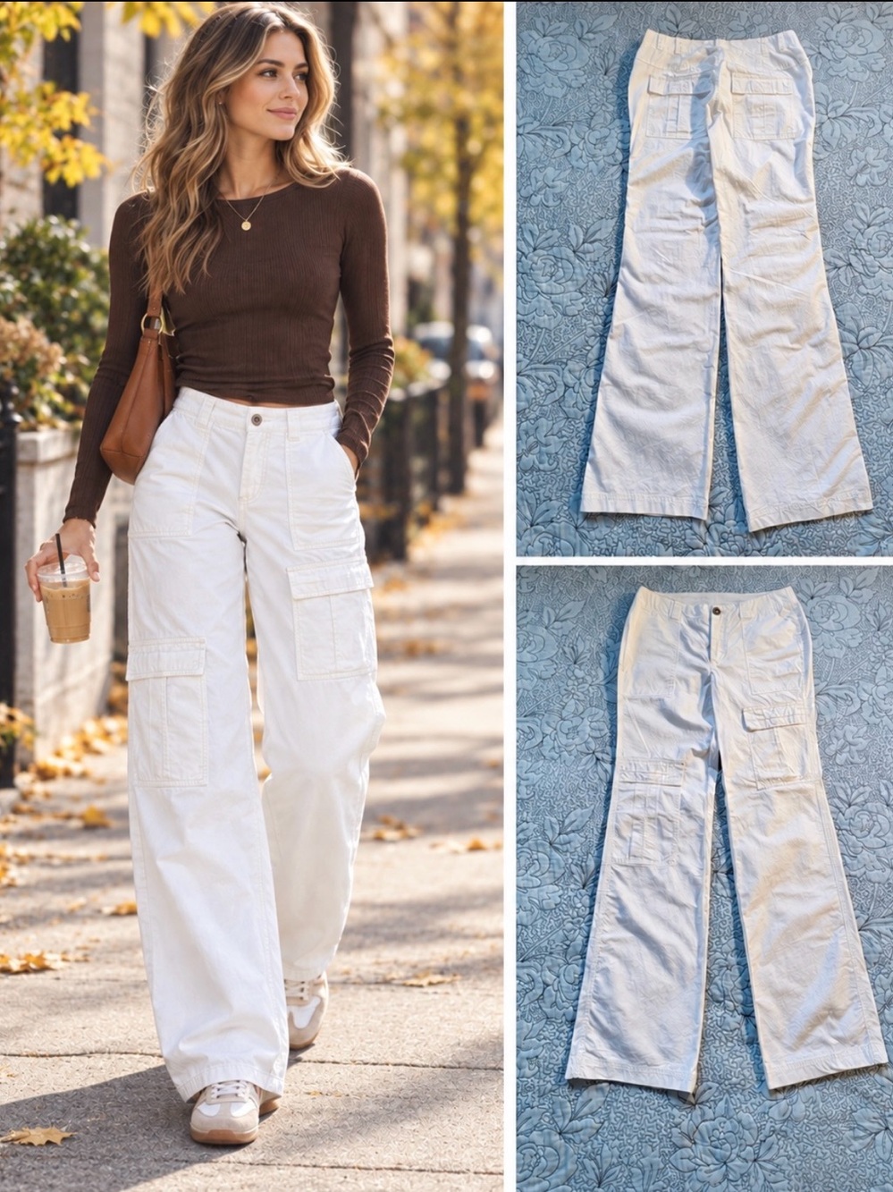 Free People The Thing Is Mid Rise Utility Pants Optic White Cargo Wide Leg~2🧡